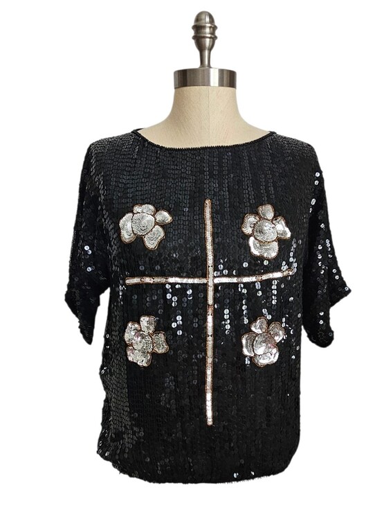 Tops - VTG 80s Sequined Evening Top Black with Silver/Gold Metallic Floral Grid | SZ M